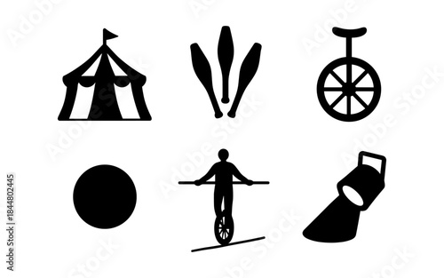 Circus icons set in black and white, perfect for entertainment design