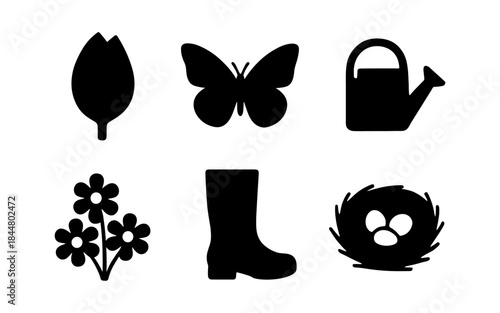 Springtime icons: leaf, butterfly, watering can, flowers, boot, and nest