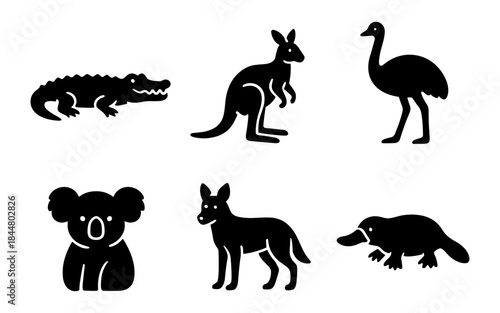 Australian Animals Silhouettes: Crocodile, Kangaroo, Emu, Koala, Dingo, and Platypus