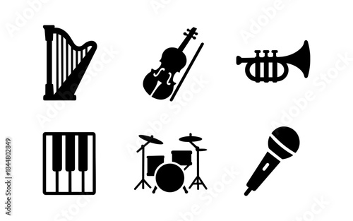 Musical instruments icons in black and white on a white background