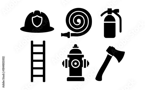 Firefighter equipment icons in black and white on a clean background