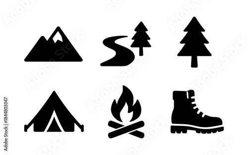 Camping and outdoor adventure icons in a simple, minimalist style