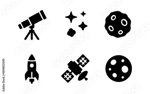 Space exploration icons: telescope, rocket, satellite, planets, and stars