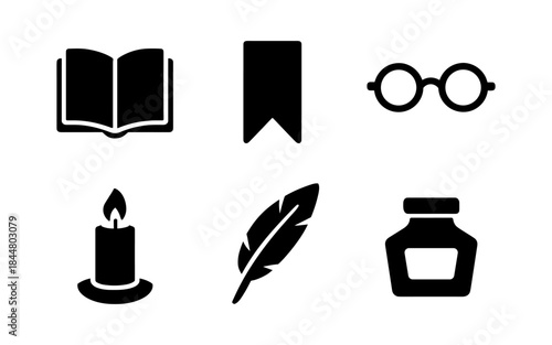Literary icons: book, bookmark, glasses, candle, quill, and inkwell silhouettes