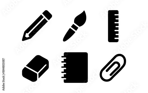 Black and white school and office supplies icons on white background