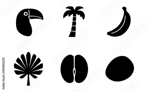 Black and white tropical icons of a toucan, palm tree, banana, and more