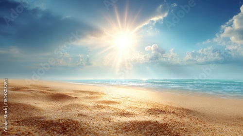 Sunlight reflects off the blue ocean waves at a beach with golden sand. The sky shows a mix of clouds and bright sun. The scene feels warm and inviting.