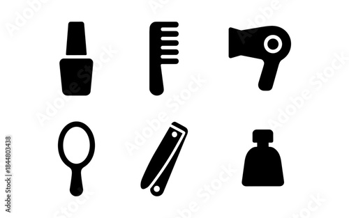 Black and white beauty icons for hair, nails, and skincare