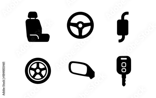 Automotive Icons: Seat, Steering Wheel, Exhaust, Tire, Mirror, and Key