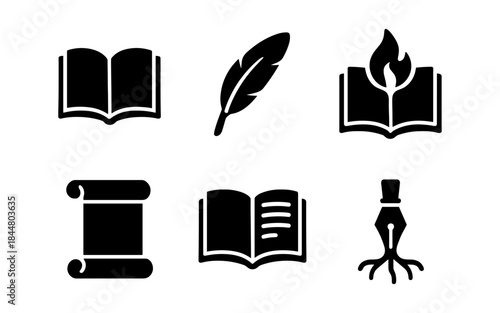 Literary icons: book, feather, scroll, and pen illustrations in black and white