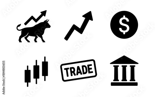 Financial trading and investment icons, including bull market, dollar sign, and trade