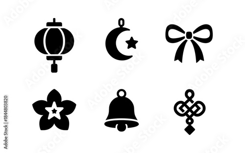 Black and white icon set of various cultural and religious symbols