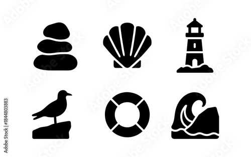 Coastal Icons: Lighthouse, Seagull, Seashell, and Ocean Wave Silhouettes