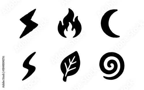 Black and white hand-drawn elemental symbols on a white background