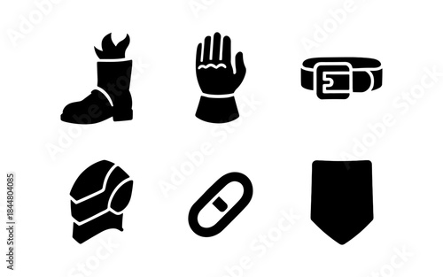Black and white icon set of protective gear and accessories