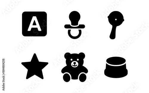 Black and white baby icons including a block, pacifier, rattle, star, teddy bear, and more