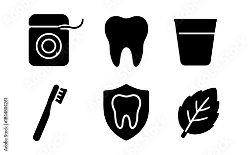 Dental health and hygiene icons in black and white on a white background