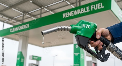 Renewable Fuel HVO Gun Dripping Against a Modern Clean Energy Gas Station.
