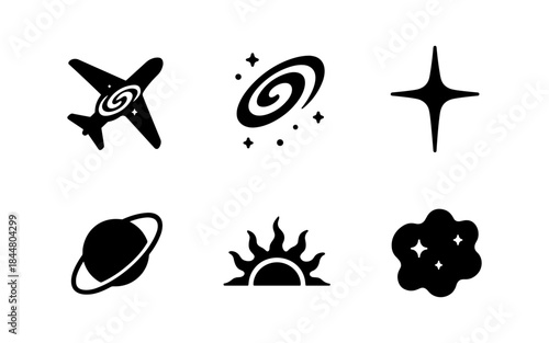 Black and white space icons set with planets, stars, and galaxies