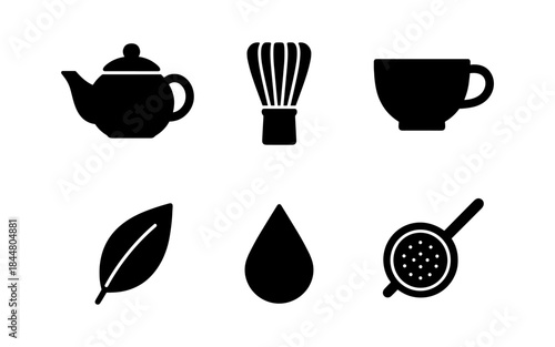 Tea time: minimalist black and white tea set icons on white background
