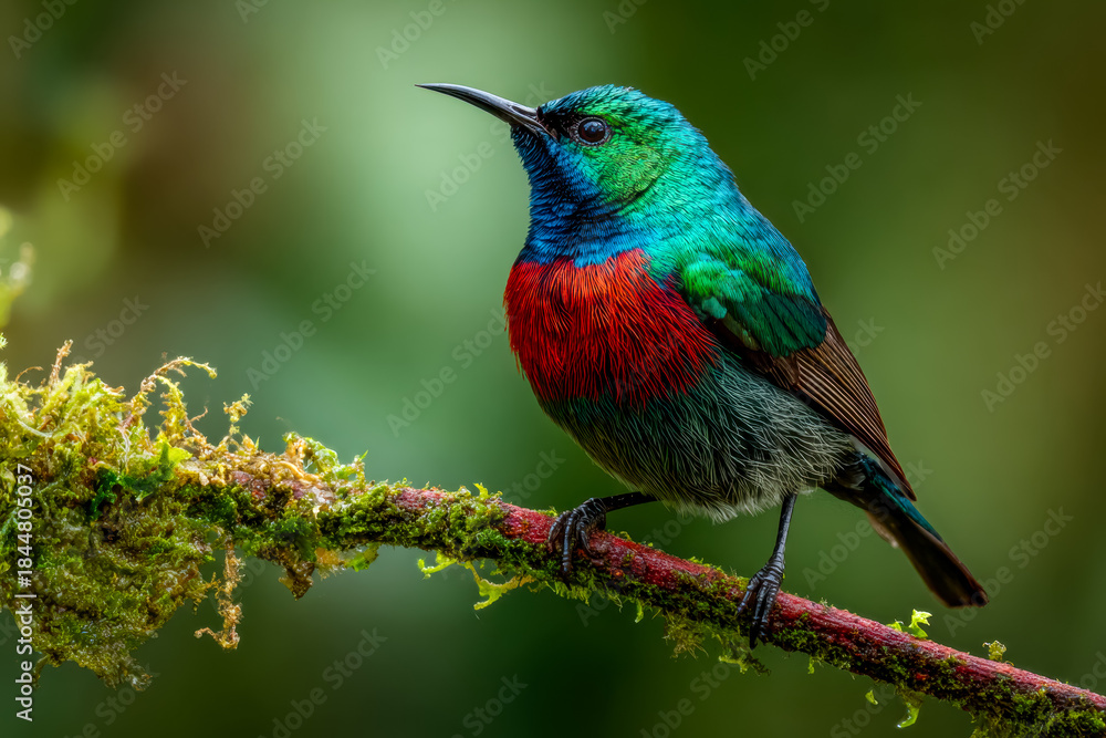 Obraz premium Vibrant hummingbird perched on a mossy branch with a blurred green background
