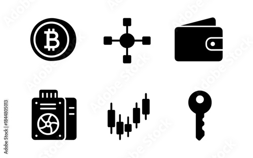 Cryptocurrency and finance icons in a clean, modern, and minimalist style