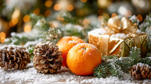 Festive arrangement featuring frosted pine cones, vibrant oranges, evergreen branches, and an elegantly wrapped golden gift box with seasonal decorative lighting in