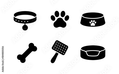Dog care essentials: collar, paw print, bowl, bone, brush, and bed icons