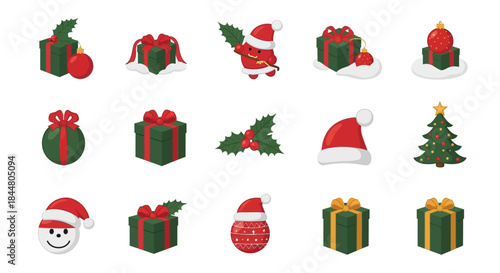 Festive Christmas Icon Set Featuring Presents Santa Hat Tree and Holly Decorations