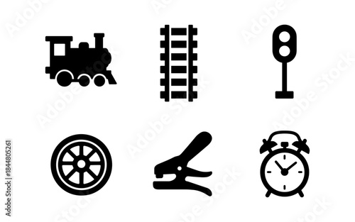Black and white vector icons of train, railway, and other related objects