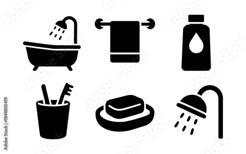 Bathroom essentials: bathtub, shower, soap, toothbrush, and towel icons