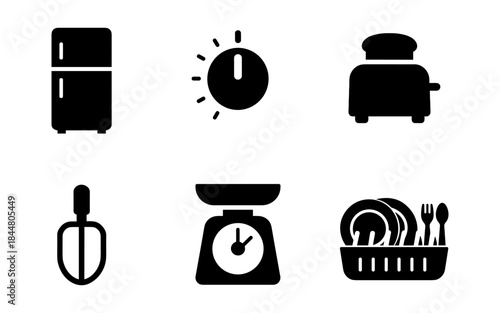 Kitchen appliance icons in a simple black and white design
