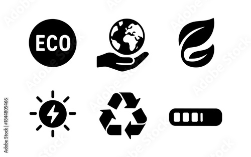 Eco-friendly icons representing sustainability, renewable energy, and recycling
