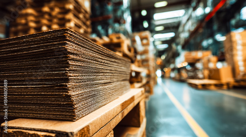 Stacked cardboard sheets in a warehouse aisle with shelving and boxes in the background