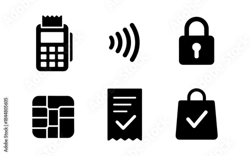 Payment icons: POS terminal, contactless, security, credit card, and shopping bag