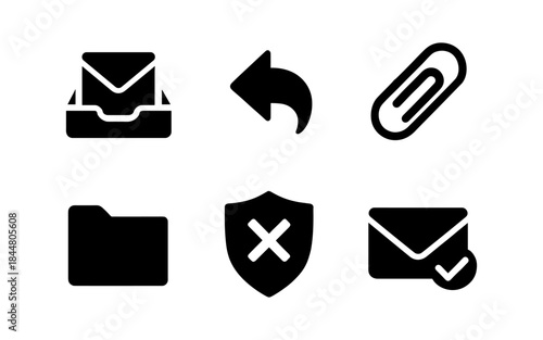Black and white icon set for email, security, and document management
