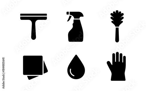 Cleaning supplies icons in black and white on a white background