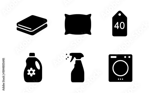 Laundry and cleaning icons in a simple, minimalist black and white style
