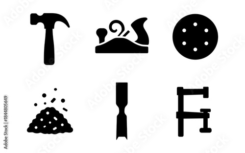 Black and white carpentry tools icons set for woodworking projects