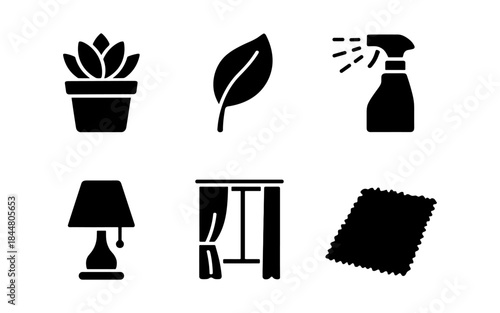 Black and white vector icons of home decor and cleaning supplies
