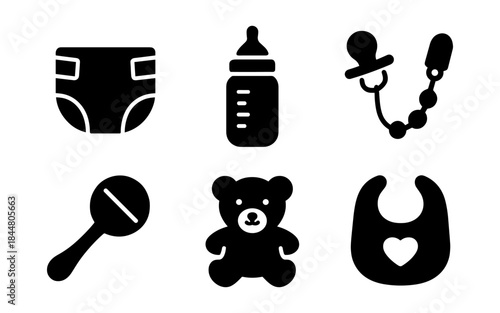 Baby essentials in silhouette: diaper, bottle, pacifier, rattle, teddy bear, and bib