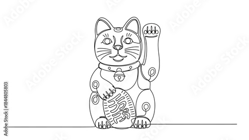 Line Drawing of a Lucky Cat Maneki-neko with Raised Paw and Bell for Good Fortune