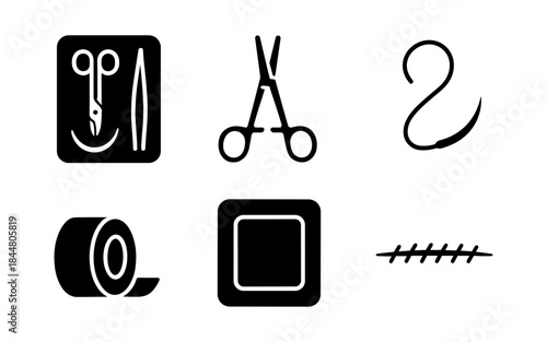 Medical tools and supplies in a minimalist black and white design