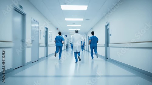 A dedicated team of medical professionals, including a doctor in a white lab coat and two nurses in blue scrubs, run with urgent purpose down a long, modern hospital corridor. The blurred background e