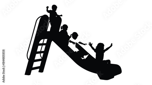 Silhouette of children playing on a playground slide and climbing structure a joyful scene