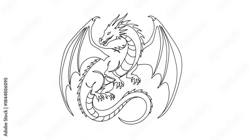 Fototapeta premium Intricate black and white line drawing of a fierce dragon with spread wings and detailed scales