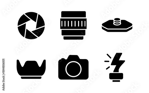 Camera equipment icons in black, perfect for photography and design projects