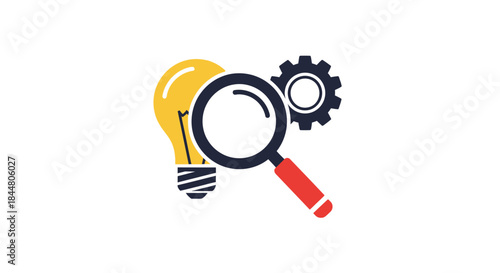 Innovative search and idea development concept with magnifying glass light bulb and gear symbols