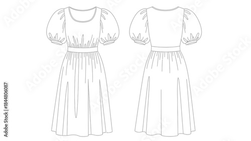 Fashion design sketch of a feminine dress with puffy sleeves and a flowing skirt front and back views