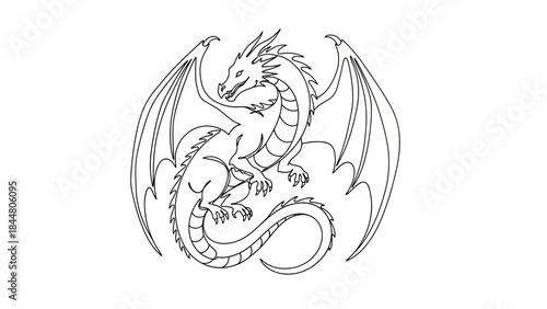 Intricate black and white line drawing of a fierce dragon with spread wings and detailed scales